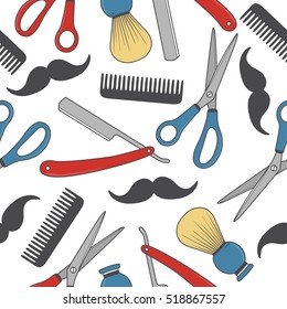 Seamless pattern with tools for barber shop, hand drawn icons. Colorful elements, shaving accessories collection. Decorative wallpaper, good for printing. Design background