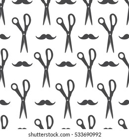 Seamless pattern with tools for barber shop, hand drawn icons. Black and white elements, shaving accessories collection. Decorative wallpaper, good for printing