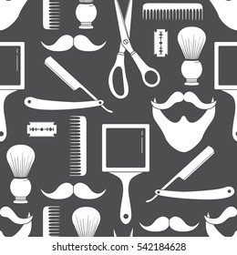 Seamless pattern with tools for barber shop, hand drawn icons. Black and white elements, shaving accessories collection. Decorative wallpaper, good for printing. Design background