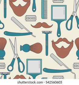 Seamless pattern with tools for barber shop, hand drawn icons. Colorful elements, shaving accessories collection. Decorative wallpaper, good for printing. Design background