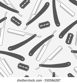 Seamless pattern with tools for barber shop, hand drawn icons. Black, white and gray elements, shaving accessories collection. Decorative wallpaper, good for printing