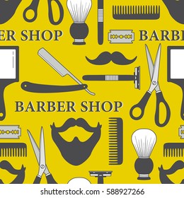 Seamless pattern with tools for barber shop, hand drawn icons. Colorful background, shaving accessories collection. Decorative wallpaper, good for printing. Design illustration with elements
