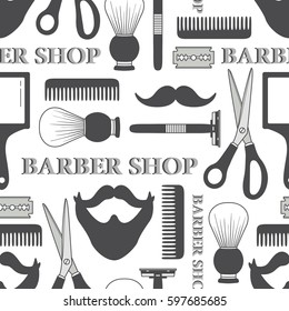Seamless pattern with tools for barber shop, hand drawn icons. Black and white background, shaving accessories collection. Decorative wallpaper, good for printing. Design illustration with elements
