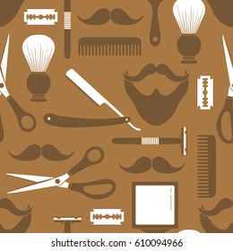 Seamless pattern with tools for barber shop, hand drawn icons. Brown and white elements, shaving accessories collection. Decorative wallpaper, good for printing. Design background