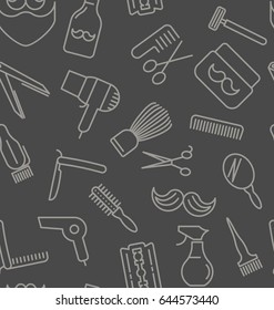 Seamless pattern with tools for barber shop, thin line icons. Shaving accessories collection. Decorative wallpaper, good for printing. Vector illustration for background.