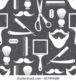 Seamless pattern with tools for barber shop, hand drawn icons. Black and white elements, shaving accessories collection. Decorative wallpaper, good for printing. Design background for male salon