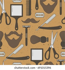 Seamless pattern with tools for barber shop, hand drawn icons. Colorful backdrop, shaving accessories collection. Decorative wallpaper, good for printing. Overlapping background for male salon