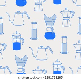 Seamless pattern of tools for brewing coffee. Coffee time. Line art, retro. Vector illustration for coffee shops, cafes, and restaurants.