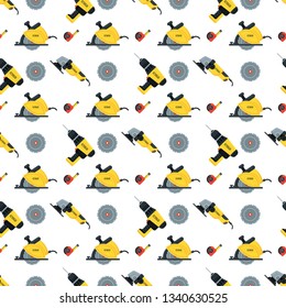 Seamless pattern with tools for building construction, home repair in wooden toolbox. Hammer and pliers, saw and tape measure, brush and file. Flat vector objects isolated on white background.