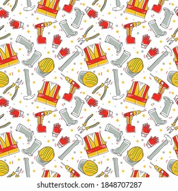 Seamless pattern with tools for building a house. Vector illustration. Design templates for greeting cards, home wallpapers, textiles and fabrics.