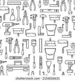 Motif harmonieux avec des outils de construction et de réparation. Noir sur blanc. Illustration