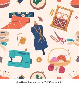 Seamless Pattern With Tools For Creating Accessories, Perfect For Diy Enthusiasts. Tile with Crafting Tools