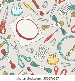 Seamless pattern with tools for cross stitch, hand drawn icons. Colorful elements, sewing tools collection. Illustration with kit for embroidery. Decorative backdrop, good for printing