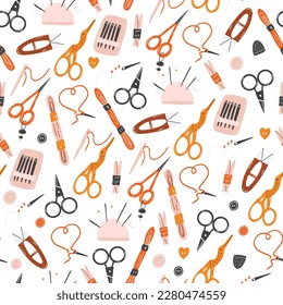 Seamless pattern with tools for embroidery, sewing, needlework. Hand drawn flat vector background with scissors, pincushion, floss, bobbins, needles