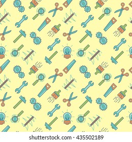 Seamless pattern with tools in flat style line art. Scissors, hammer, magnifying glass, lamp, wrench, brush with paint, saw, gear, pencil 