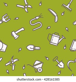 Seamless pattern with tools for the garden. Signs and symbols of gardening. Garden tools in the background.