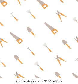 Seamless pattern tools for the garden. Vector illustration of a shovel, hoe, rake, hand saw and pruner