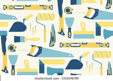 Seamless pattern with tools for house repair and construction on a light coloured background. Vector illustration.