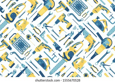 Seamless pattern with tools for house repair and construction on a white background. Vector illustration.
