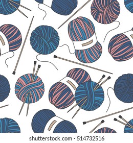 Seamless pattern with tools for knitting and crochet, hand drawn objects. Colorful background, collection of sewing tools. Decorative wallpaper, good for printing. Design backdrop vector