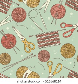 Seamless pattern with tools for knitting and crochet, hand drawn objects. Colorful background, collection of sewing tools. Decorative wallpaper, good for printing. Design backdrop vector