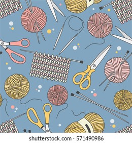 Seamless pattern with tools for knitting and crochet, hand drawn objects. Colorful background, collection of sewing tools. Decorative wallpaper, good for printing. Design backdrop vector