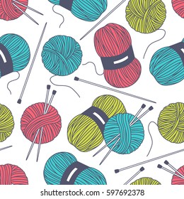 Seamless pattern with tools for knitting, hand drawn objects. Colorful background, collection of sewing tools. Decorative wallpaper, good for printing. Design backdrop vector