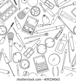 Seamless pattern with tools for makeup in black and white colors. Vector collection for beauty design.