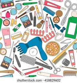 Seamless pattern with tools for makeup in bright colors. Vector collection for beauty design.