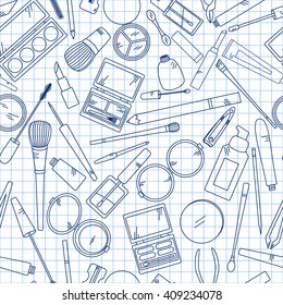 Seamless pattern with tools for makeup on notebook. Vector collection for beauty design.