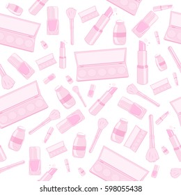 Seamless pattern with tools for makeup. Vector template design with brush, eyeshadow, lipstick, nail polish and mascara.