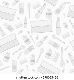 Seamless pattern with tools for makeup. Vector template design with brush, eyeshadow, lipstick, nail polish and mascara.