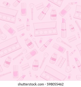 Seamless pattern with tools for makeup. Vector template design with brush, eyeshadow, lipstick, nail polish and mascara.