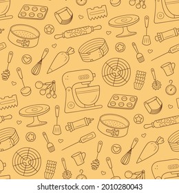 Seamless pattern with tools for making cakes, cookies and pastries. Doodle confectionery tools - stationary dough mixer, baking pans and pastry bag. Hand drawn vector illustration.