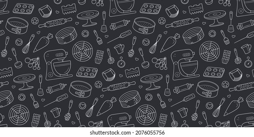 Seamless pattern with tools for making cakes, cookies and pastries. Doodle confectionery tools dough mixer, baking pan and pastry bag. Vector illustration hand drawn in chalk on blackboard background.