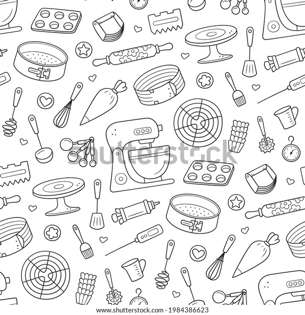 Seamless pattern with tools for making cakes,\
cookies and pastries. Doodle confectionery tools - stationary dough\
mixer, baking pans and pastry bag. Hand drawn vector illustration\
on white background.