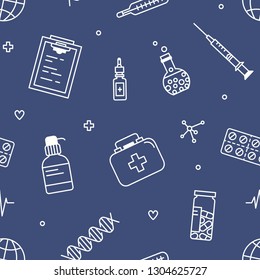 Seamless pattern with tools for medical diagnostics and research. Backdrop with medications, healthcare equipment drawn with contour lines on dark background. Monochrome linear vector illustration.