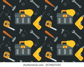 Seamless pattern with tools for repair, plumbing. Vector illustration of construction tools on a black background.