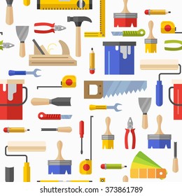 Seamless pattern with tools for repair. Vector illustration. Roller, brush, paint, pencil, tool, hammer, tape measure, putty knife, pencil.