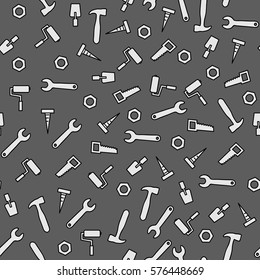 Seamless pattern with tools for repair. Vector illustration. Roller, brush, paint, pencil, tool, hammer, tape measure, putty knife, pencil.