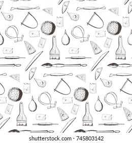 Seamless pattern of tools for sculpting working, clay and pottery wheel. Hand drawing, doodling. Vector illustration, isolated. Sample in file.