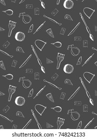 Seamless pattern of tools for sculpting working, clay and pottery wheel. White on blackboard. Hand drawing, doodling. Vector illustration, isolated. Sample in file.