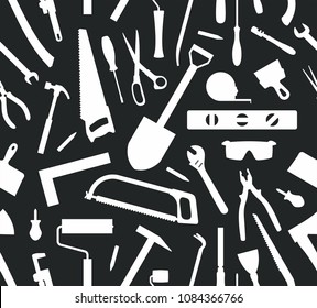 Seamless pattern of Tools Silhouette isolated on black background