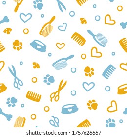 Seamless pattern with tools and supplies. Colorful background for grooming salon and pet shop, t-shirt, apparel print, web page, surface texture and fabrics. Paw, bone, scissors, bowl, nose, dog 