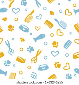 Seamless pattern with tools and supplies. Colorful background for grooming salon and pet shop, t-shirt, apparel print, web page, surface texture and fabrics. Paw, fish, scissors, bowl, nose, cat 