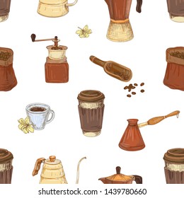 Seamless pattern with tools and utensils for coffee making and drinking - moka pot, turkish cezve, coffee pot, grinder, paper cup on white background. Elegant vector illustration for textile print.