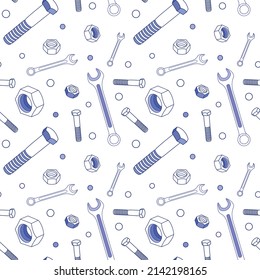 Seamless pattern of tools for work - wrenches, nuts, screws. Vector image on a white background. Suitable for wrapping paper, notebooks, work bags.