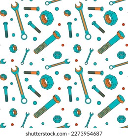 Seamless pattern of tools for work - wrenches, nuts, screws. Vector image. Suitable for wrapping paper, notebooks, work bags, clothes.