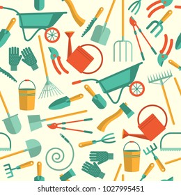 seamless pattern of tools for working in the garden