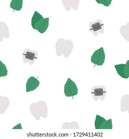 Seamless pattern with tooth, braces, mint leaves. Vector teeth background. Funny dental care digital paper. Dentist clinic texture with mouth hygiene concept